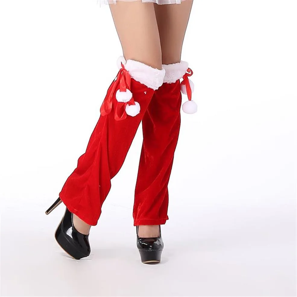 1 Pair Women's Red Christmas Velvet with White Fuzzy Trims Bows Balls Leg Warmers Cuffs Toppers Boot Socks Cover Multi Style 221o