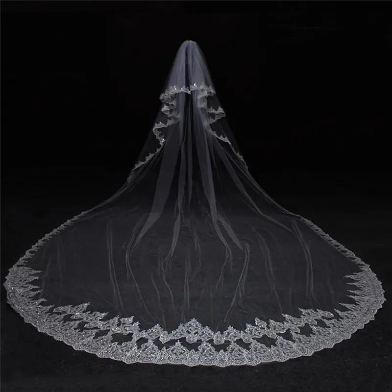 Veils Luxury 5 Meters Bling Sequins Full Edge Lace Two Layers Wedding Veil with Comb Long Bridal Veil Veu De Noiva