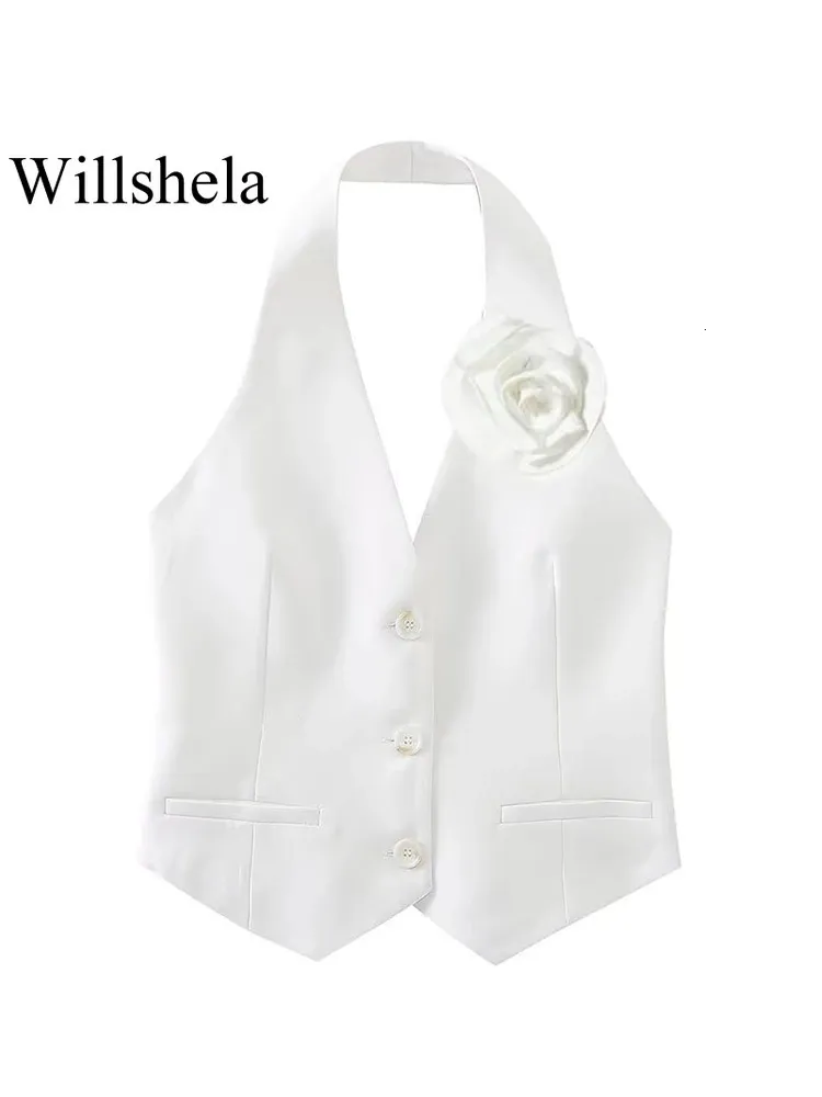 Willshela Frauen Mode Weiß Applikationen Rückenfreie Westen Vintage Neckholder Ärmellose Jacken Weibliche Chic Dame Tank Tops 240115
