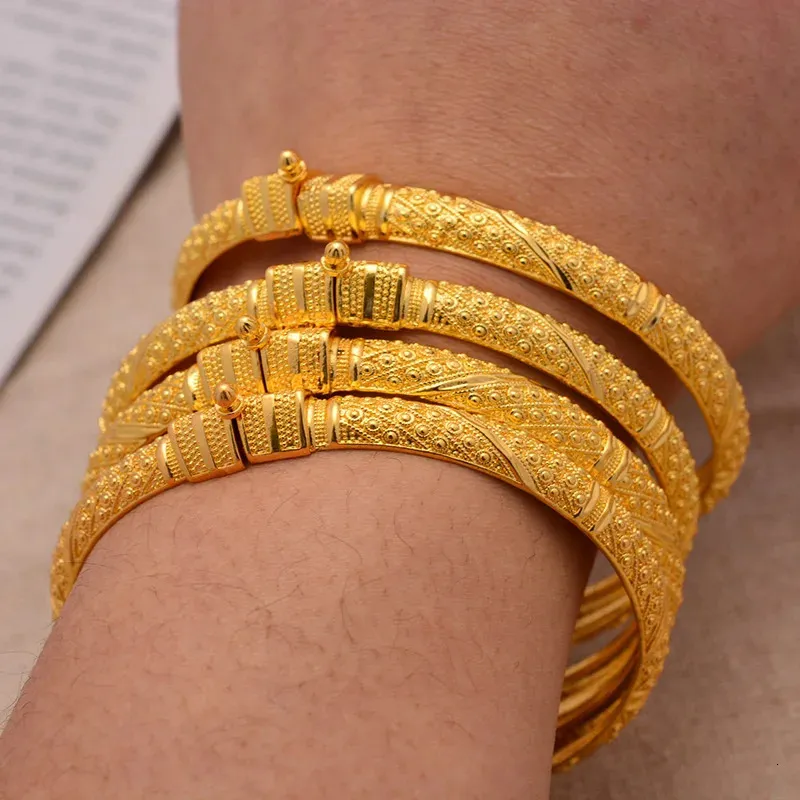 24K Bangles 4PcsSet Bracelet Ethiopian Gold Color For Women Bijoux Femme African Middle East Dubai Halloween Jewelry 240115