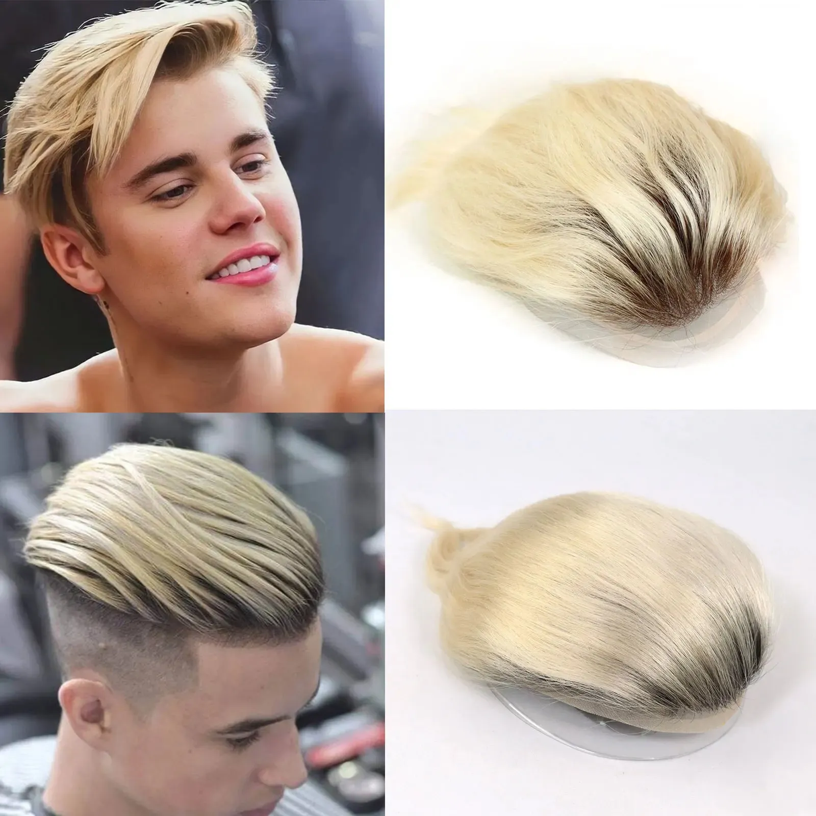 Ombre Platinblonde Haar-Toupet-Perücke mit Spitze vorne für Männer, dunkle Wurzeln, menschliche Haarsysteme, Mono, Voll-PU, Herren-Kapillarprothese240115