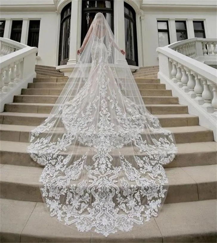 Luxury 1 Tier Wedding Veils Custom Made 2019 Cathedral Long Lace Applicques Bridal Veil Top Quality4875913