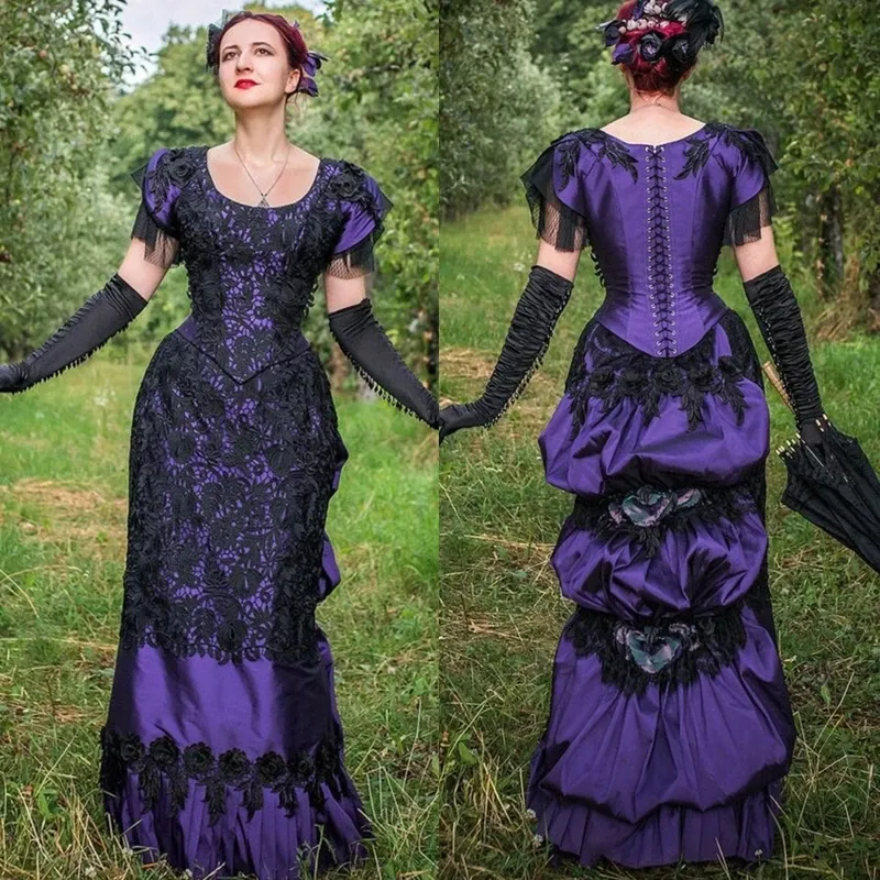 Vintage viktorianische Ballkleider, gerüschtes Ballkleid, historisches Kostüm, Korsett, besondere Anlässe, kurze Ärmel, schwarze Spitze, bodenlanges Damen-Abendkleid