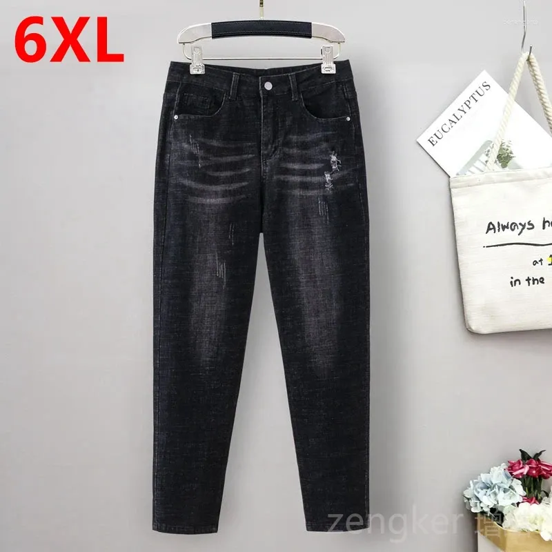 Damen Jeans Frühling Große Größe Elastische Weibliche Taille Dünne Breite Oberschenkel Dicke Hose 5XL 6XL Frau