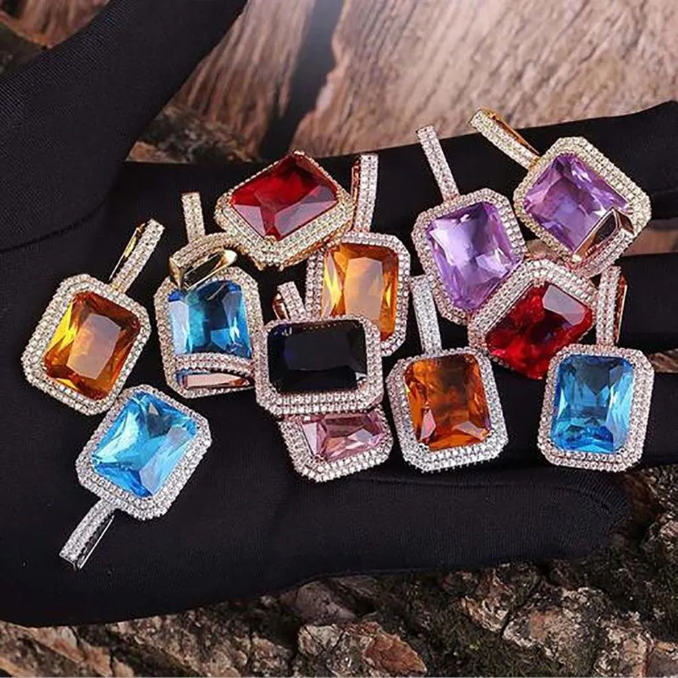 18k Gold Gem Stone Red Blue Purple Black Lab Ruby Pendant Halsband Micro Pave Bling Bling Pendant Hip Hop Jewelry305i