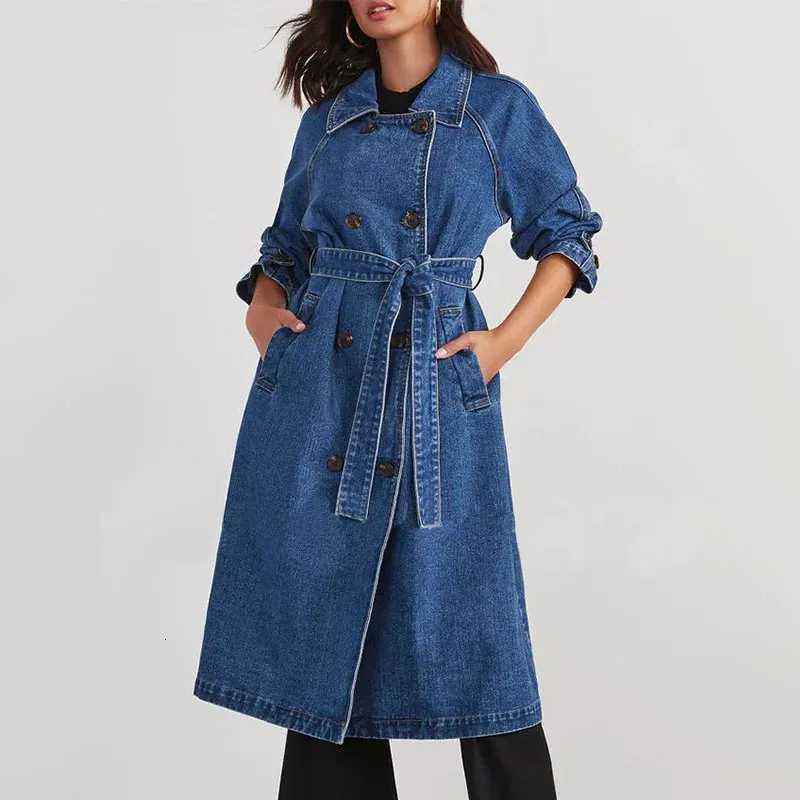 Autunno Inverno Donna Denim Trench Cintura in vita Jean Cappotti Doppiopetto Donna Giacche lunghe Tinta unita Capispalla allentato femminile 240115