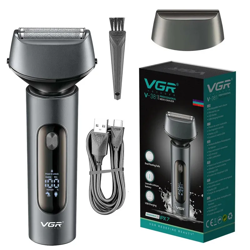 VGR Pro Wet Dry Electric Shaver pour hommes Rasage de rasage électrique rechargeable Machine de rasage de barbe lavable LCD Affichage240115