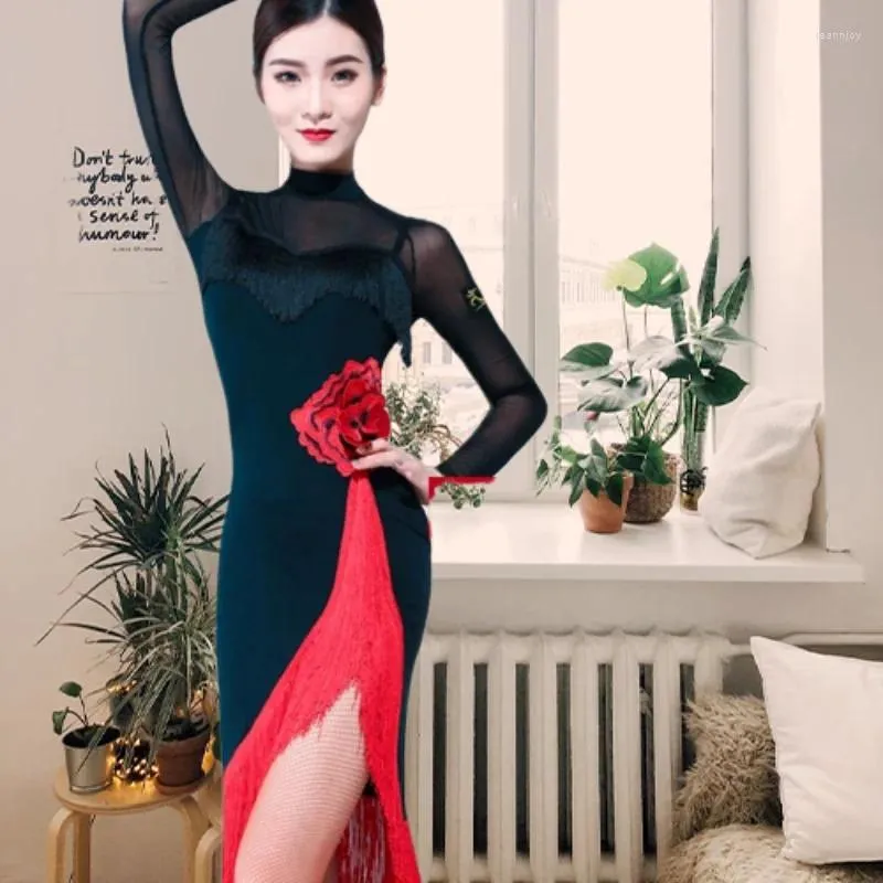 Stage Wear Long Sleeve Dress Women Dresses Big Red Flower Tassel Dance Skirt Latin Dancing Latina Black Sexy Girls Adult Costume Rumba 2024