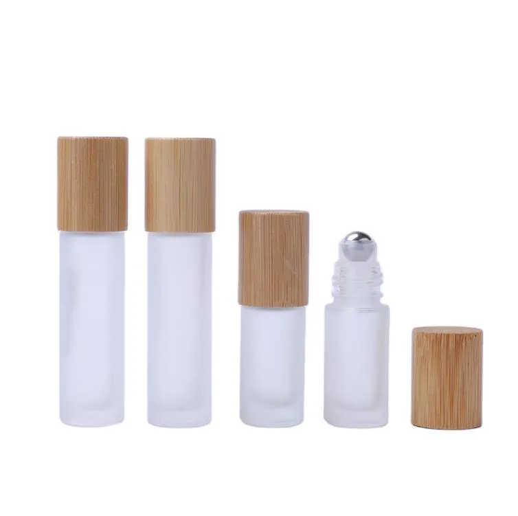 Frasco roll-on de óleo essencial fosco 5ml 10ml, tampa de bambu, recipiente de perfume de vidro com bola de metal SN925