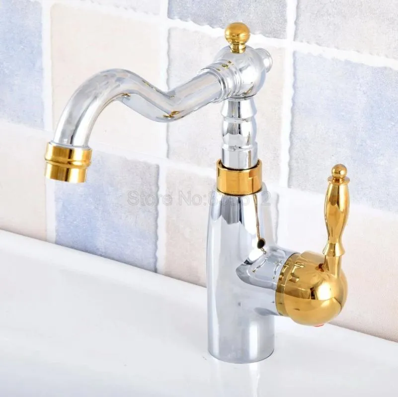 Bathroom Sink Faucets Polished Chrome & Gold Color Brass Vessel Faucet Single Handle Swivel Spout Mixer Tap Hole Tsf816