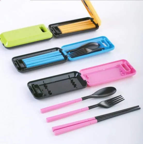 Tableware Pinkycolor Creative Portable Three Pieces Dinner Sets Plastic Chopsticks Spoon Fork Fold Combination Travel Cutlery suit