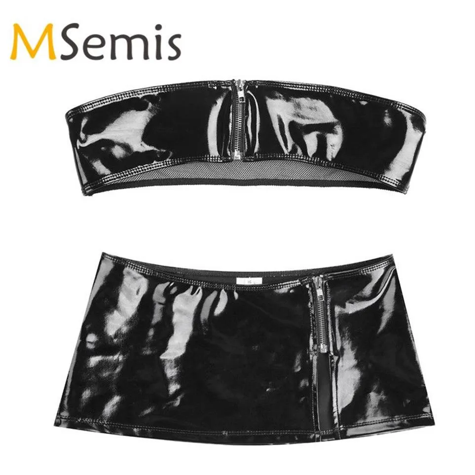 2Pcs Women Sexy Lingerie Set Wet Look Patent Leather Crop Top Bra Top Zipper Bikini Bandeau Bra Top with Mini Skirt Lingerie Set229d