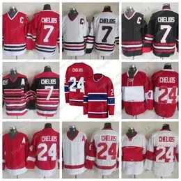 Retro Chris Chelios #7 hockey```` Jerseys Vintage 1992 Mens Red Black #24 Classic Stitched Shirts 75th C Patch