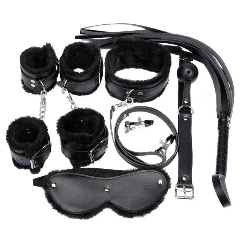 Kvinnors kostymuppsättning 7st Set Sexy Pu Leather Plush Fetisch Sex Bondage Erotic Underwear With Handcuff Nipple Clamps Gag Whip242G