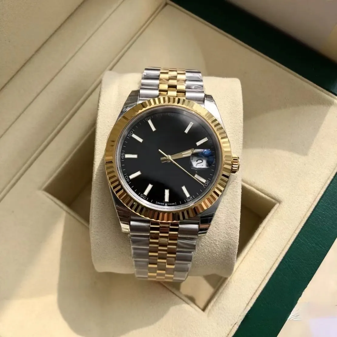 Con box originale orologio di lusso di alta qualità da 41mm oro movimenti neri da uomo automatico Mens Bracciale orologi da uomo 35