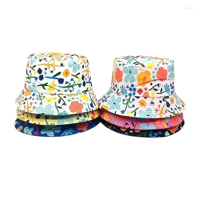 BERETS LDSLYJR Four Seasons Polyester Cartoon Flower Print Bucket Hat児童男の子と女の子のための屋外旅行サンキャップ107