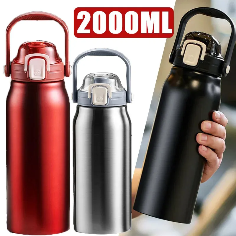 Gobelet Thermo de grande capacité de 2l, avec paille, en acier inoxydable, pour eau thermique froide et tasse, flacon sous vide, pour salle de sport, 240115