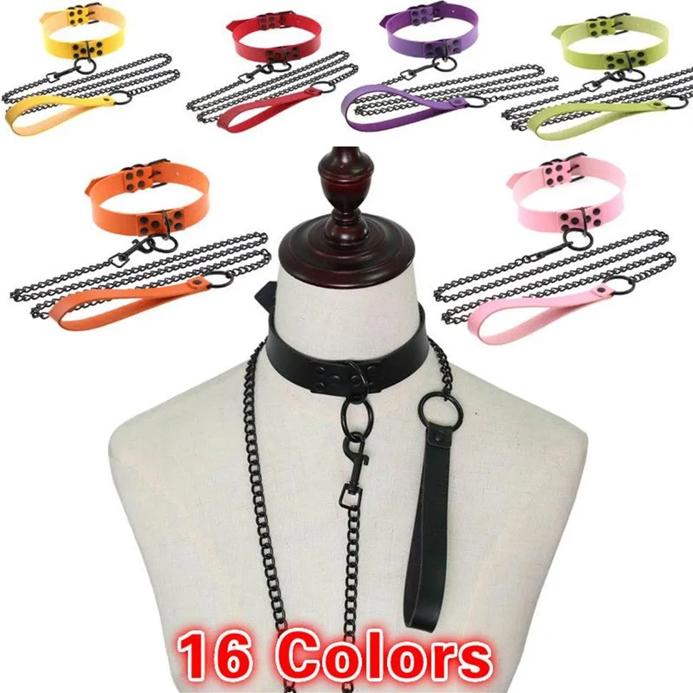 Collana stile oscurità sexy Collana girocollo in catena di metallo Punk Collare in pelle PU Unisex Flirtare Giochi di ruolo Cintura al collo Bondage esotico Guinzaglio260s