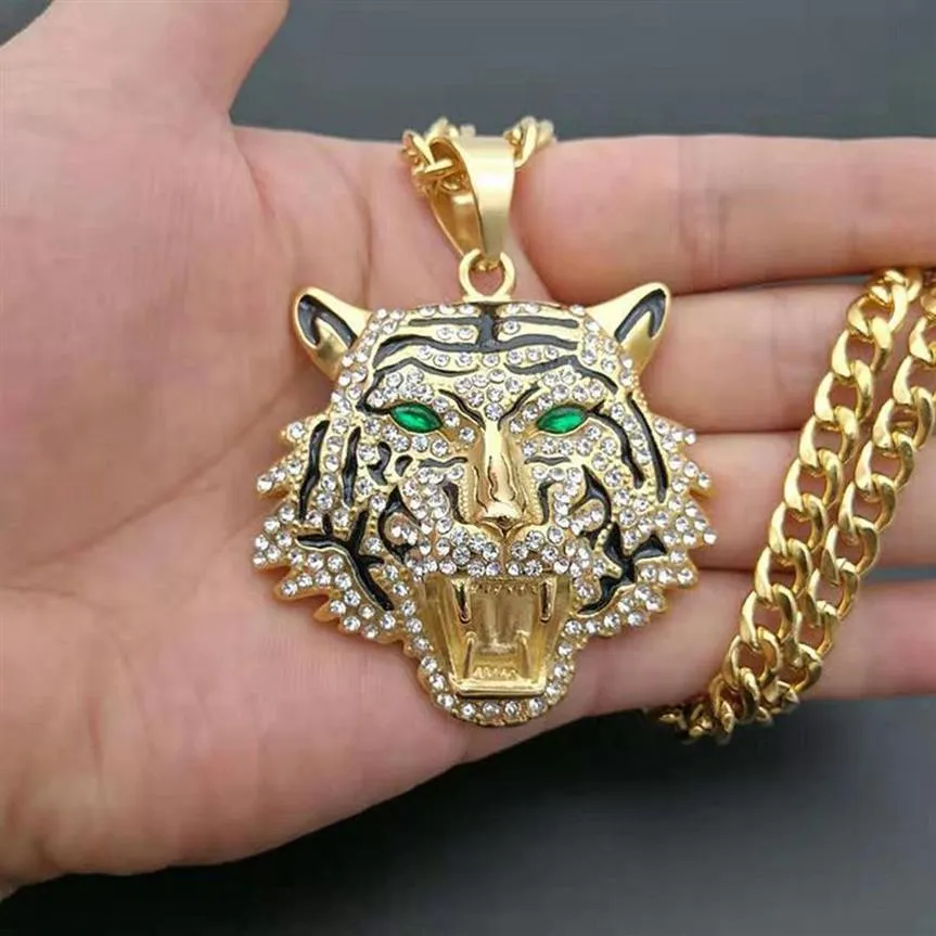 Hip Hop Strasssteine gepflastert Bling Iced Out GoldEdelstahl Big Tiger Anhänger Halskette für Männer Rapper Schmuck mit kubanischer Kette2605