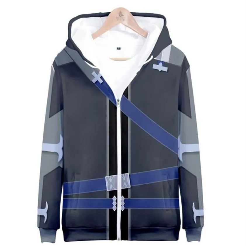 Jaquetas e casacos masculinos de inverno Anime SAO Sword Art Online 3D Hoodie Zip Moletom com capuz Kirigaya Kazuto Kirito Cosplay Costume247W