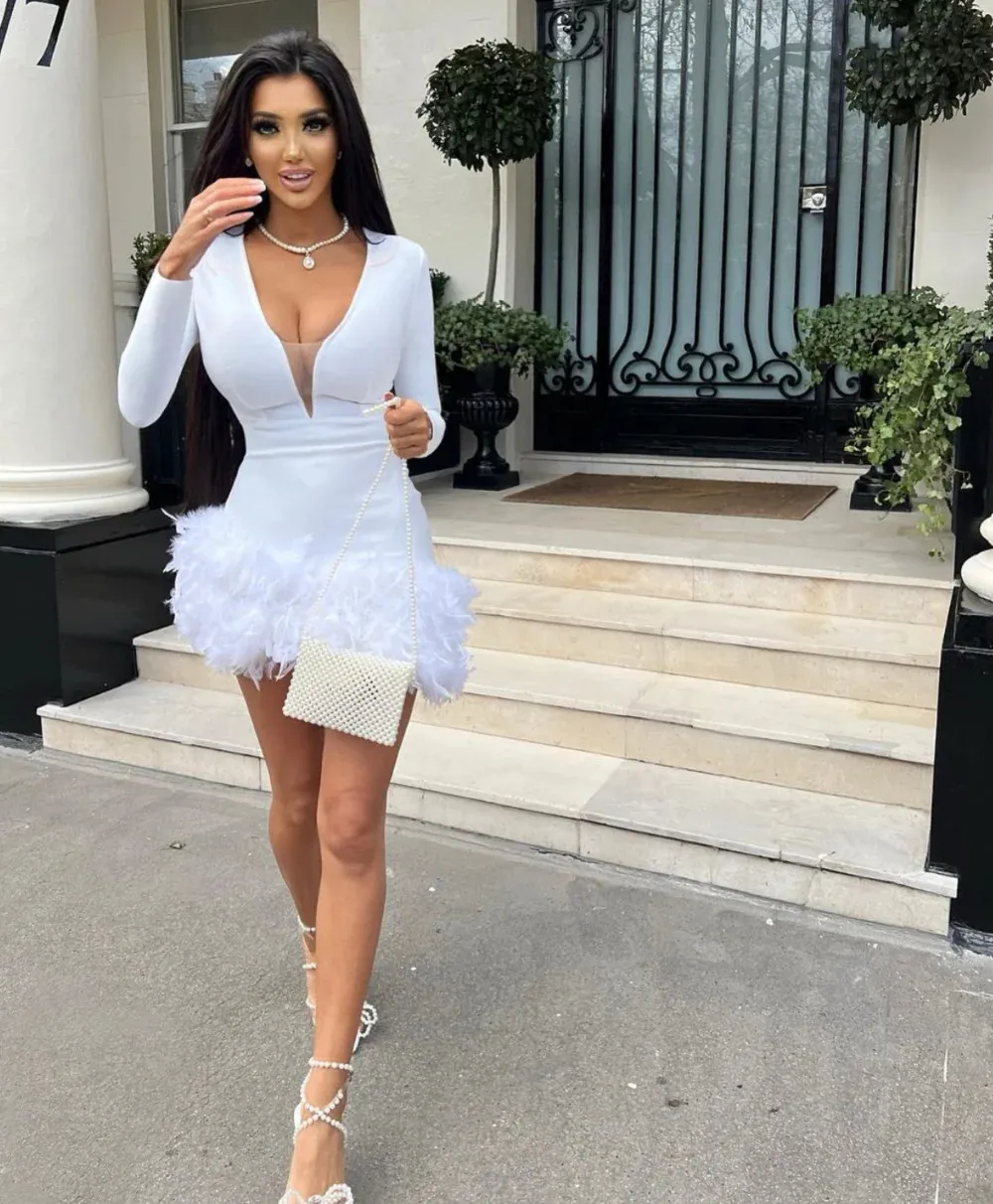 chinese dress ladies Night Surprise Rhinestone Fabric Feather Sleeve Party Mini Dress – roschic main image 1