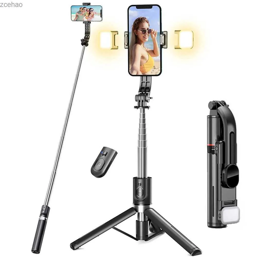 Selfie-monopods Verbeterd uitgebreid opvouwbaar draadloos Bluetooth Selfie Stick-statief met afstandsbediening Sluiter Invullicht Aluminium Selfie StickL240115