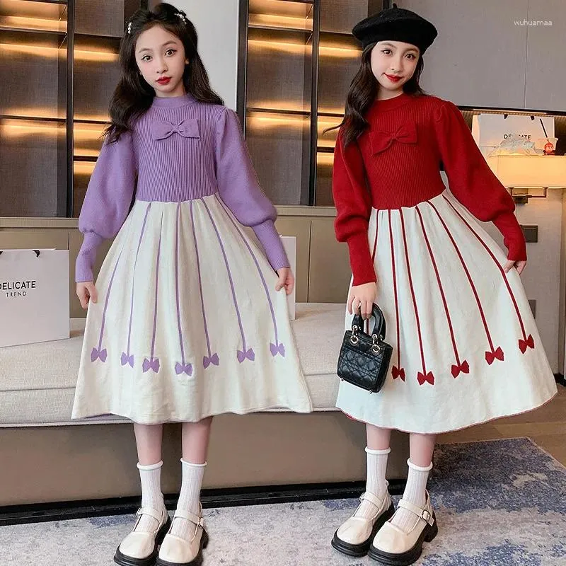 Flickaklänningar Autumn Girls Clothes Puff Sleeve Bow Sticked Sweater Princess Dress for Kids Winter Christmas Children 10 12 13 14 Years