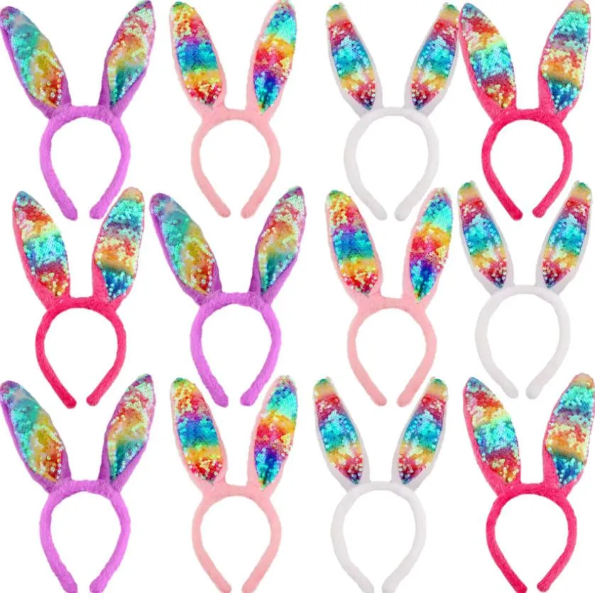 Rainbow Sequin Bunny Ears Pałąk dla dziewcząt Kobiety wielkanocne przyjęcie urodzinowe Pluszowe zespoły włosów