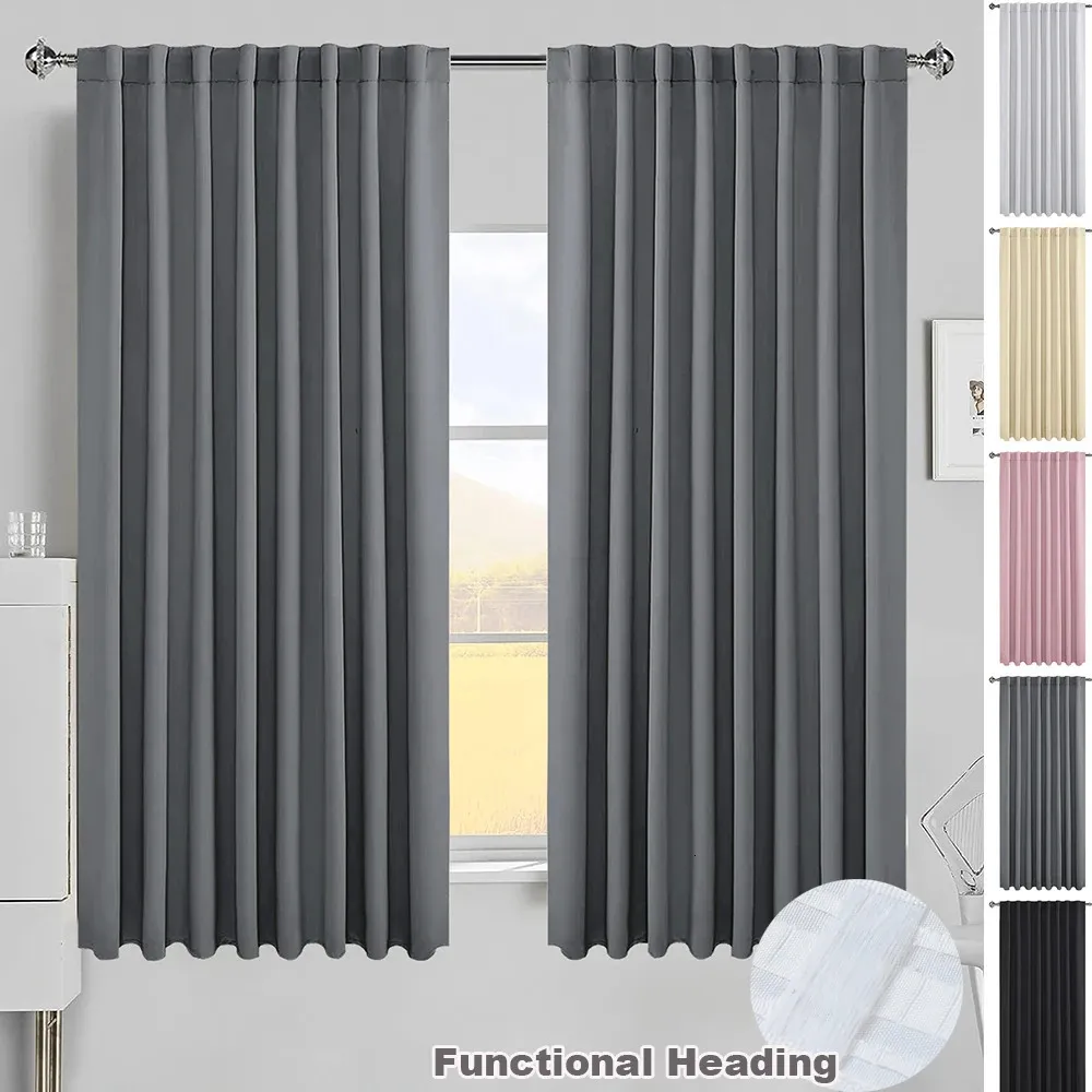 Blackout Curtain for Living Room Darkening Functional Heading Solid Bedroom Curtain Ready-made Thermal Insulated Window Drapes 240115