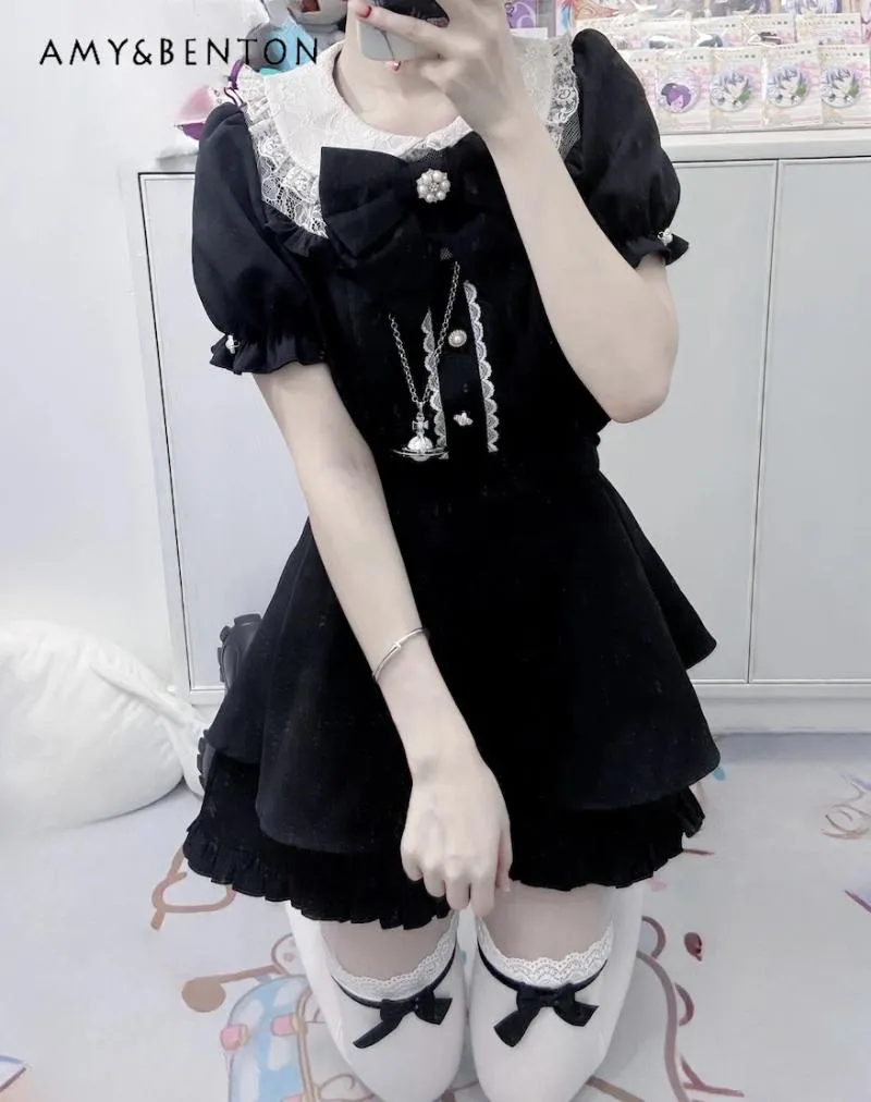 Vestidos de trabalho estilo japonês feminino terno meu mini vestido produzido em massa lolita cor de água preto rosa manga curta shorts definir verão