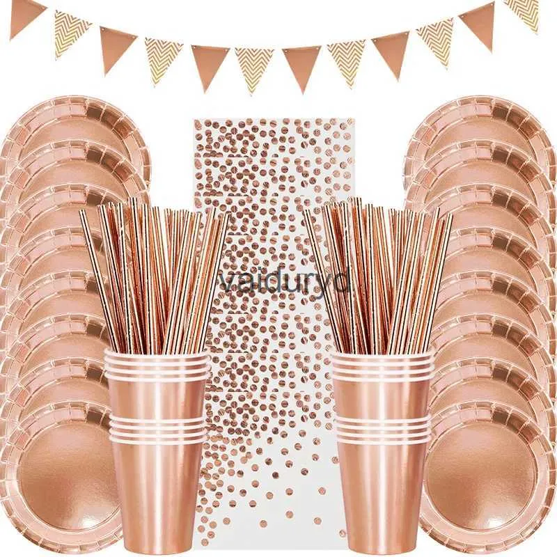 Disposable Dinnerware Rose Gold Party Disposable Tableware Set Paper Plate Cup Kids Adult Birthday Wedding Bachelorette Party Decoration Baby Showervaiduryd