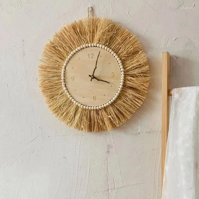 Relógios de parede mão tecido palha relógio nórdico minimalista mudo de madeira para bebê crianças quarto decorações estatuetas po adereços