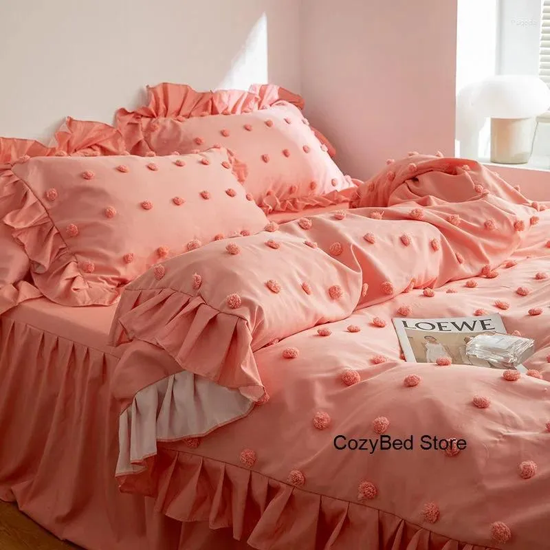 Bedding Sets Ins Princess Pink Set Ruffle Lace Edge Duvet Cover Washed Cotton Bed Linens Girls Quilt Skirt Decor Home