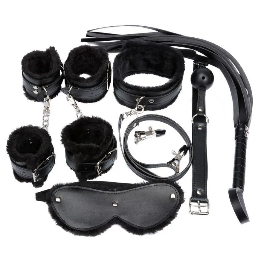 Set di costumi da donna 7 pezzi Set sexy in pelle PU Peluche Fetish Bondage sessuale Biancheria intima erotica con manette Morsetti per capezzoli Gag Whip296m