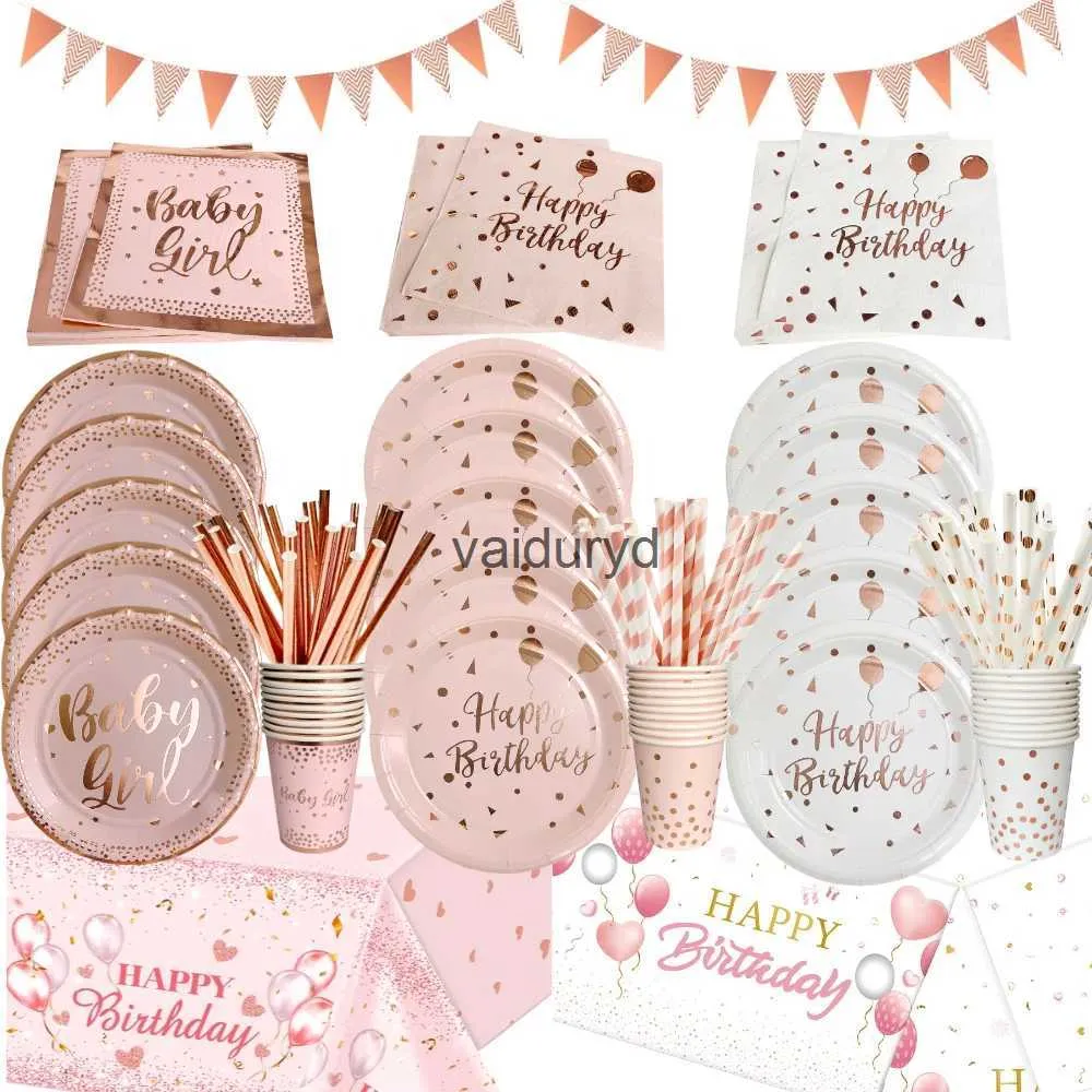 Disposable Dinnerware Birthday Disposable Tableware Set Pink Rose Gold White Plates Cups Napkins Tablecloth Girl Birthday Party Decoration Baby Showervaiduryd