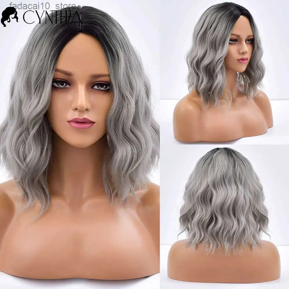 Syntetiska peruker dagligen grå ombre våg korta hår Syntetiska peruker för kvinnor naturfärgad värmebeständig kvinnlig cosplay vågig fiber peruk Q240115