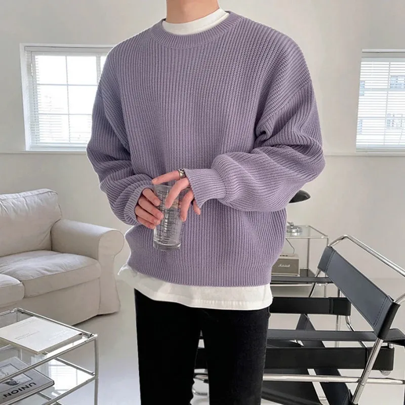 Autunno da uomo di lusso lavorato a maglia pullover maglione tinta unita manica lunga casual sciolto elegante struttura 240115