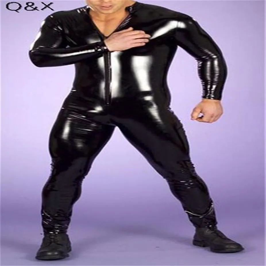 Catsuit en Faux cuir PU pour hommes, Lingerie Sexy, fermeture éclair sur le devant, entrejambe, body, Costumes fétichistes, Lingerie érotique, grande taille 225v, 2018