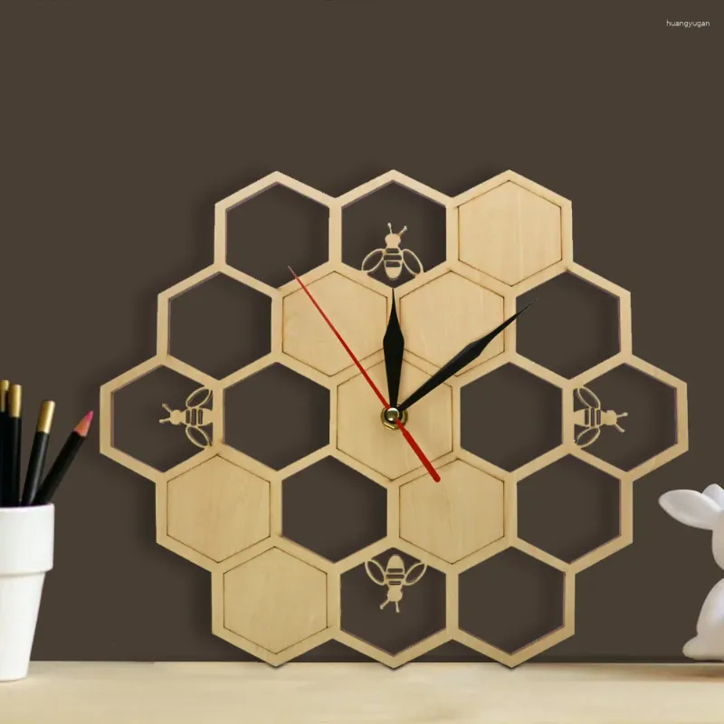壁の時計ミツバチとハニカム天然木製時計ヘキサゴンアートウッドビーハニーコンテンポラリー