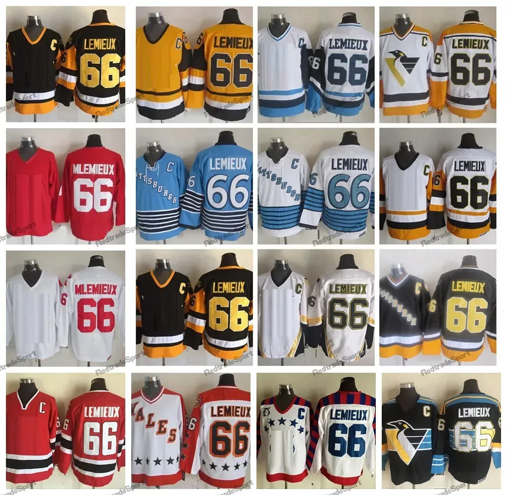 Pittsburgh''Penguins''Vintage 66 Lemieux Hóquei Jerseys Preto 75th Azul 1991 Nation Team Retro CCM Vermelho Costurado Camisas País de Gales Jersey Mens M-X