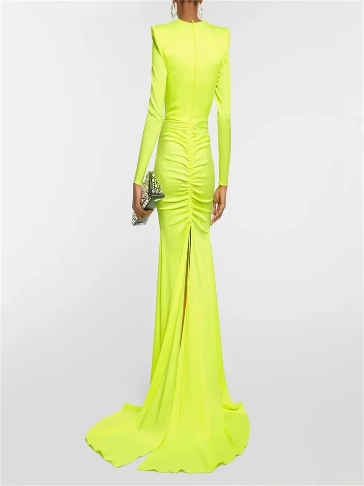 Hight Neck Full Sleeve Pleat Mermaid Evening Dress Woman High Side Slit Long Prom Gown 파티 드레스 여성 드레스 vestidos