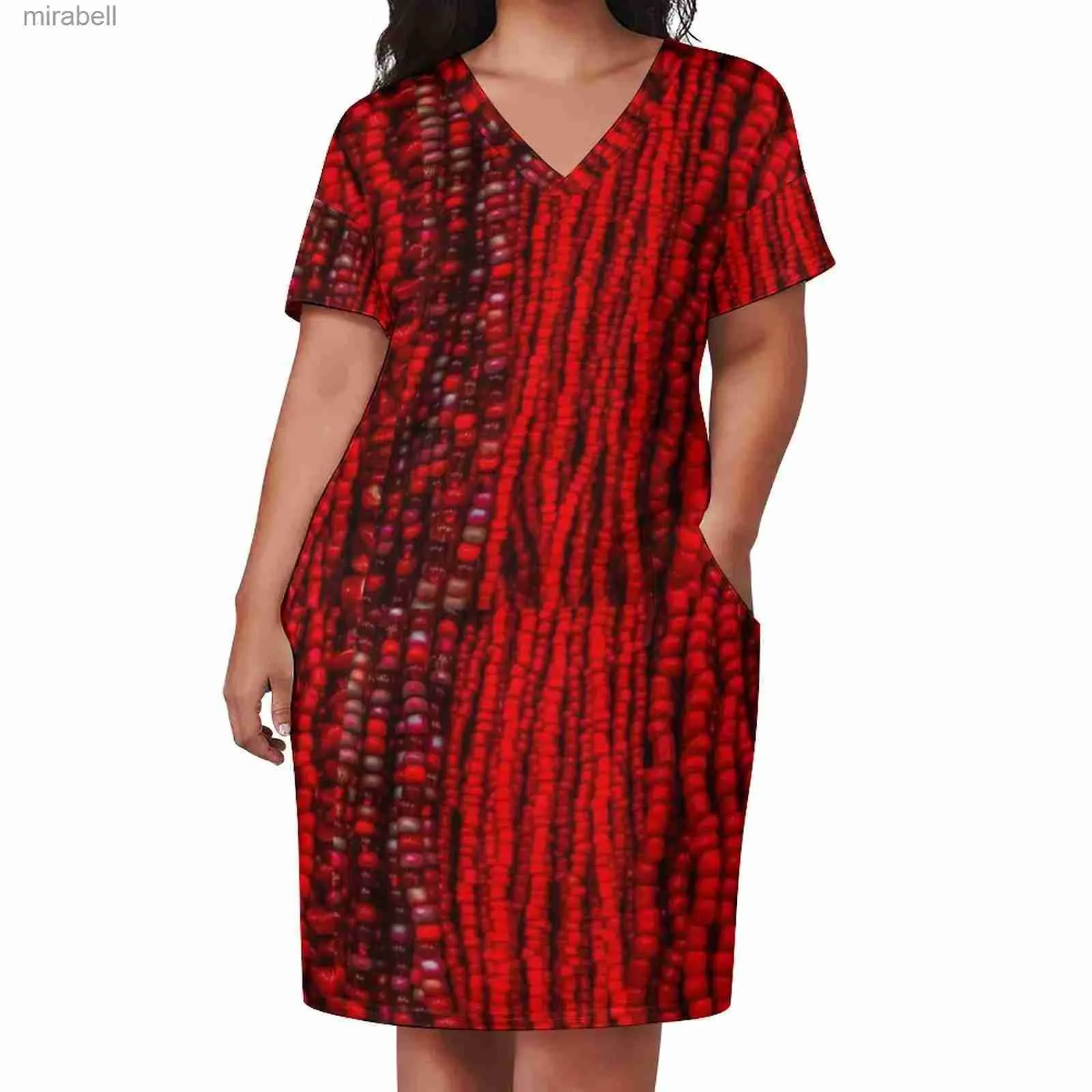 Robes décontractées de base Perles rouges robe imprimée grande taille Art moderne mode coréenne tenue décontractée femmes vacances col en V robes Vintage cadeau YQ240115