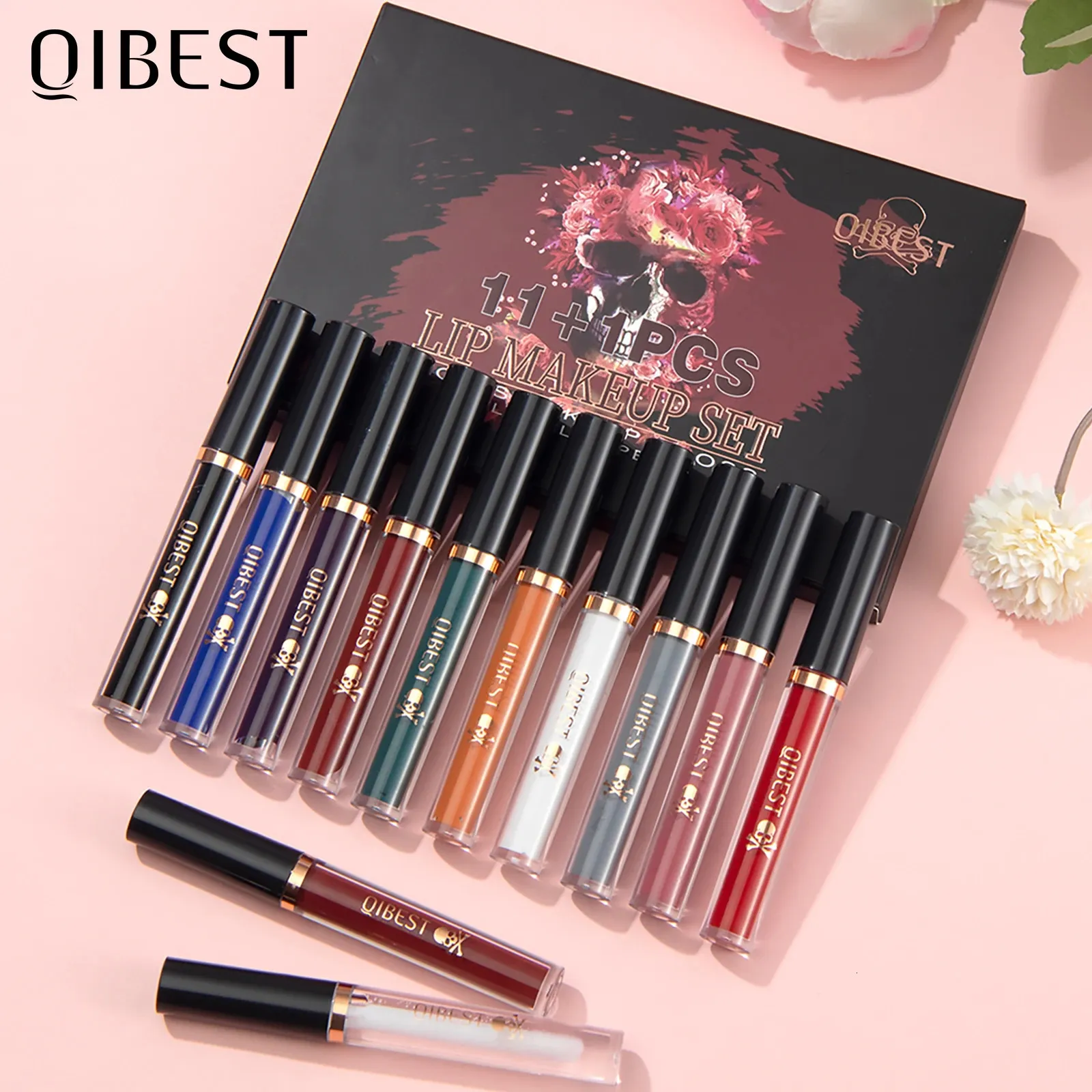 12Pcs Skull Lip Gloss Set Matte Red Tint for Lips Makeup Long Lasting Water Mirror Glaze Waterproof Lipstick Kit Cosmetic 240113