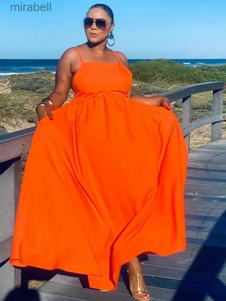 Basic Casual Dresses ZJFZML ZZ vtements grande taille pour femmes Orange bretelles Spaghetti sans bretelles coupe ajuste et vase robe de plage bohme d't YQ240115