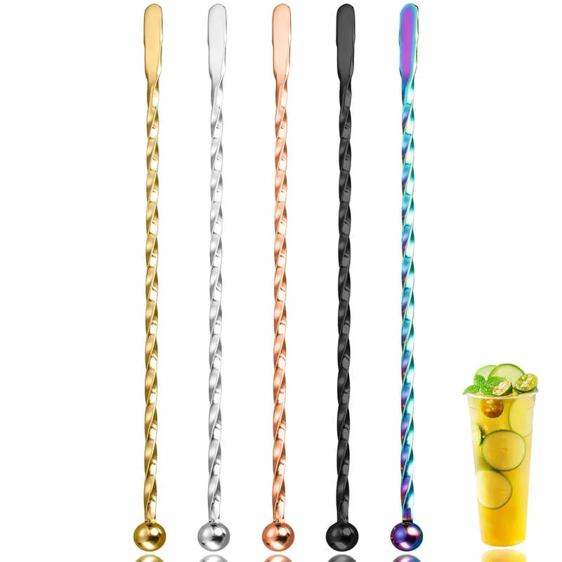 Cocktail Twisted Mixing Swizzle Sticks Rörande stavar Spoon Barware Rainbow SS Metal Muddler Kitchen Bar Tools Water Juice Milk Teaffe Wine Drinking Diy Filter