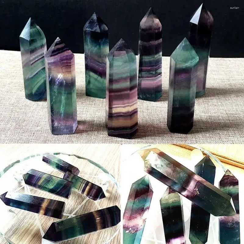 Statuette decorative Cristallo di fluorite naturale Trattamento con bacchetta esagonale curativa a strisce colorate in quarzo a strisce