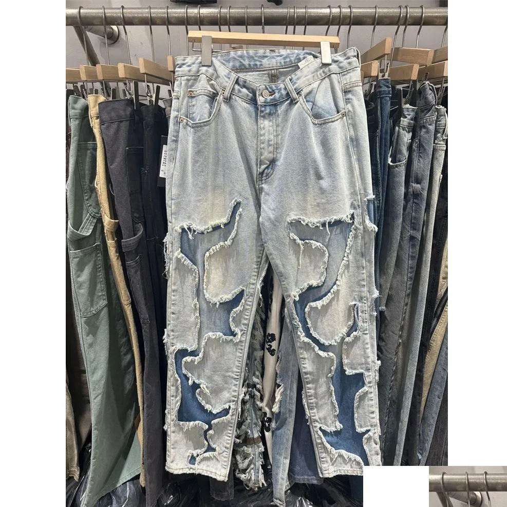 Mens Plus Size Pants Real Pics Died Jeans Blue Fashion Trousers Hip-Hop Street Hole Denim Drop Delivery Apparel Otk8L