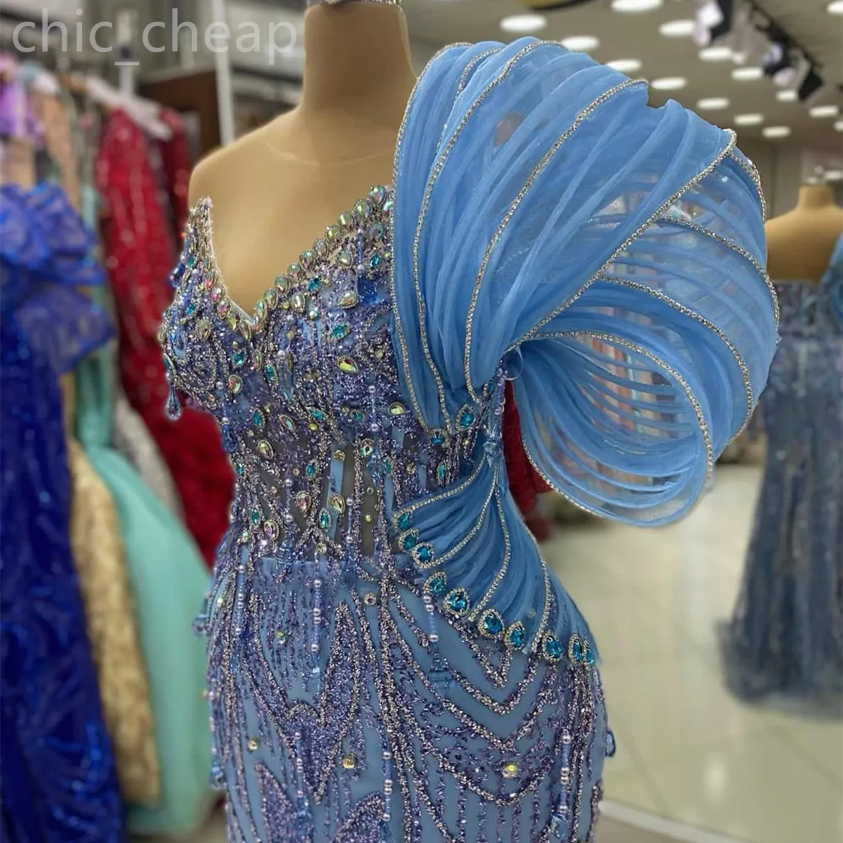 2024 Aso Ebi Sky Blue Mermaid Prom Dress Pearls Crystals Sheer Neck Evening Formal Party Second Reception Birthday Engagement Gowns Dresses Robe De Soiree ZJ46