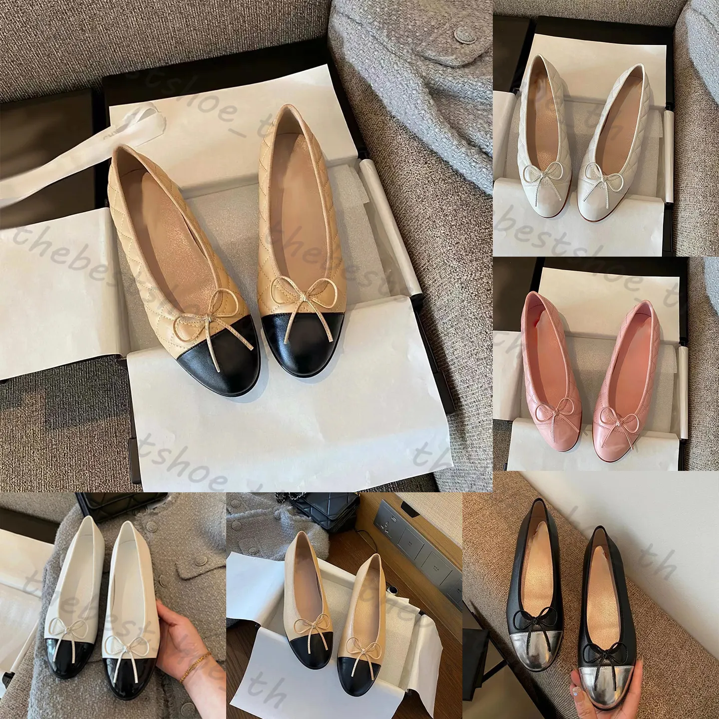 Zapatos de vestir de diseñador Zapatillas de ballet Pisos de París Mocasines de cuero básicos Lazos de retazos de tweed Zapatillas de ballet redondas Mocasines de mujer versátiles