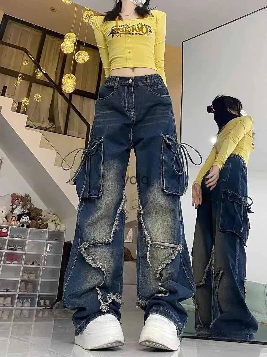 Damenjeans Amerikanische Retro-Workwear-Jeans mit hoher Taille für Frauen im Herbst, neues High-Street-Design, lockere und schlanke Bodenwischhoseyolq